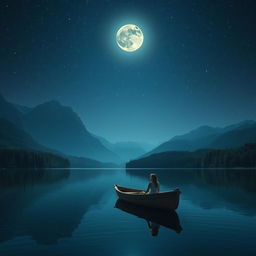 A serene night scene featuring a tranquil lake surrounded by lush forests and majestic mountains