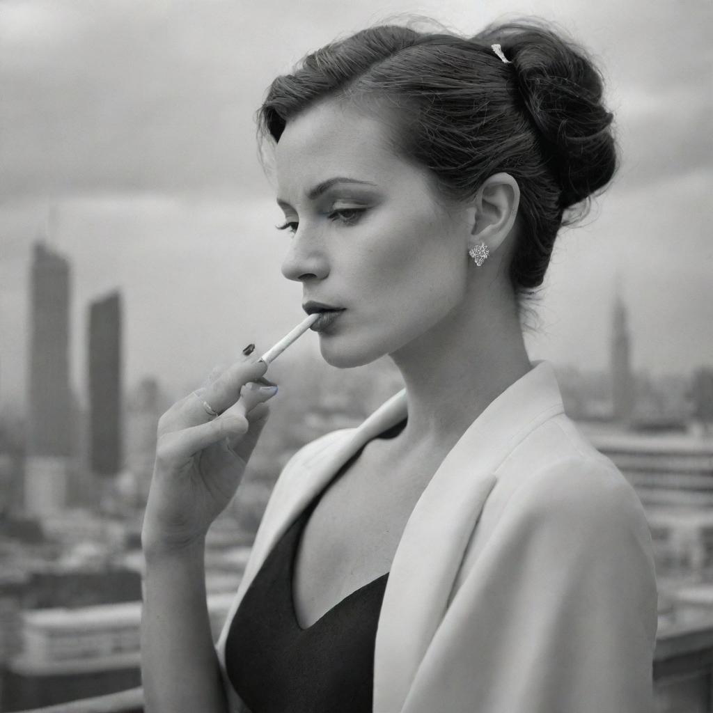 A black and white depiction of a sophisticated woman elegantly smoking a cigarette, with a distant urban landscape in the backdrop.