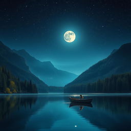 A serene night scene with a tranquil lake surrounded by dense forests and towering mountains