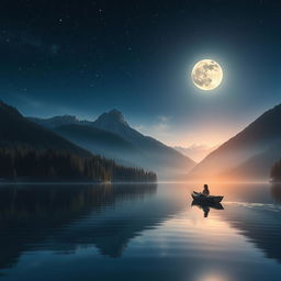 A serene night scene with a tranquil lake surrounded by dense forests and towering mountains