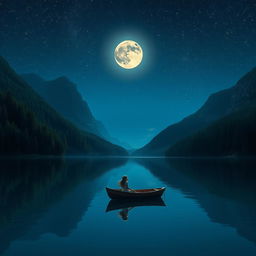 A serene night scene with a tranquil lake surrounded by dense forests and towering mountains