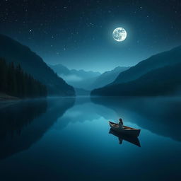 A serene night scene with a tranquil lake surrounded by dense forests and towering mountains