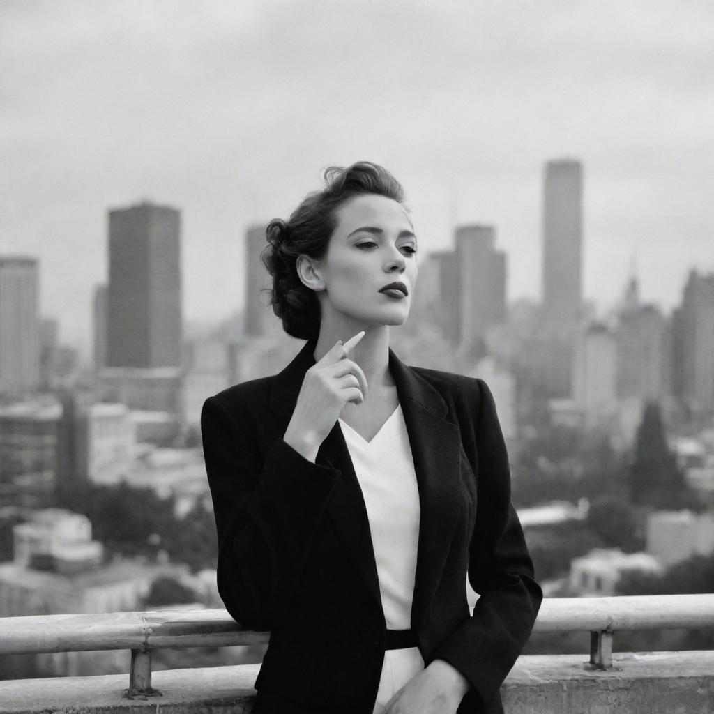 A black and white depiction of a sophisticated woman elegantly smoking a cigarette, with a distant urban landscape in the backdrop.