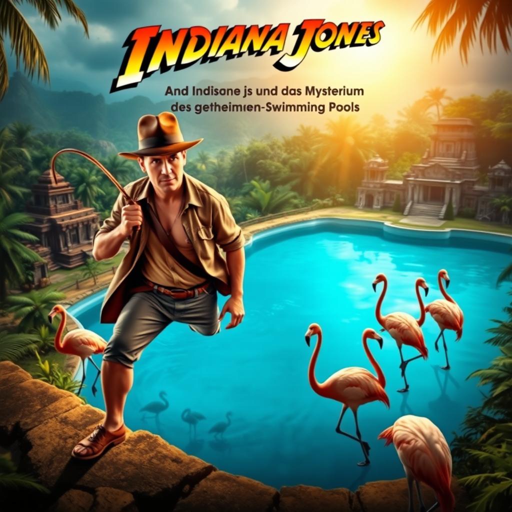 A film poster in the style of classic Indiana Jones films featuring the title 'Indiana Jones und das Mysterium des geheimen Swimming Pools'