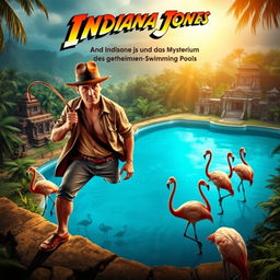 A film poster in the style of classic Indiana Jones films featuring the title 'Indiana Jones und das Mysterium des geheimen Swimming Pools'
