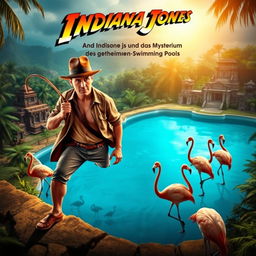 A film poster in the style of classic Indiana Jones films featuring the title 'Indiana Jones und das Mysterium des geheimen Swimming Pools'