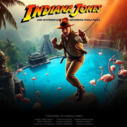 A film poster in the style of classic Indiana Jones films featuring the title 'Indiana Jones und das Mysterium des geheimen Swimming Pools'