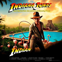 A film poster in the style of classic Indiana Jones films featuring the title 'Indiana Jones und das Mysterium des geheimen Swimming Pools'