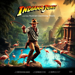 A film poster in the style of classic Indiana Jones films featuring the title 'Indiana Jones und das Mysterium des geheimen Swimming Pools'