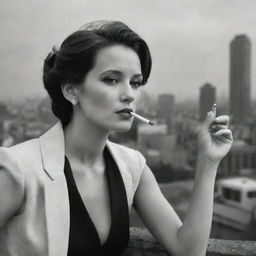 A black and white depiction of a sophisticated woman elegantly smoking a cigarette, with a distant urban landscape in the backdrop.