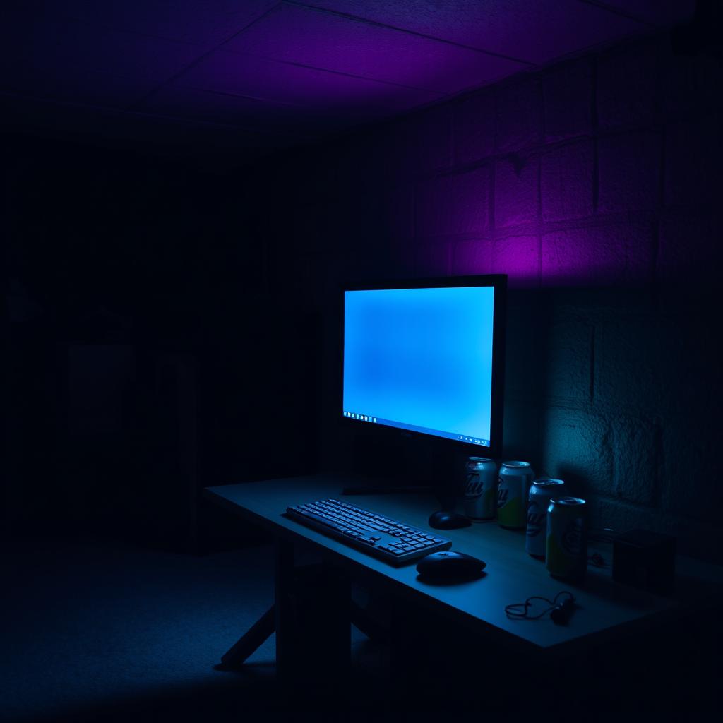 A striking scene in a basement featuring a computer desk illuminated by a strong light emanating from the computer screen