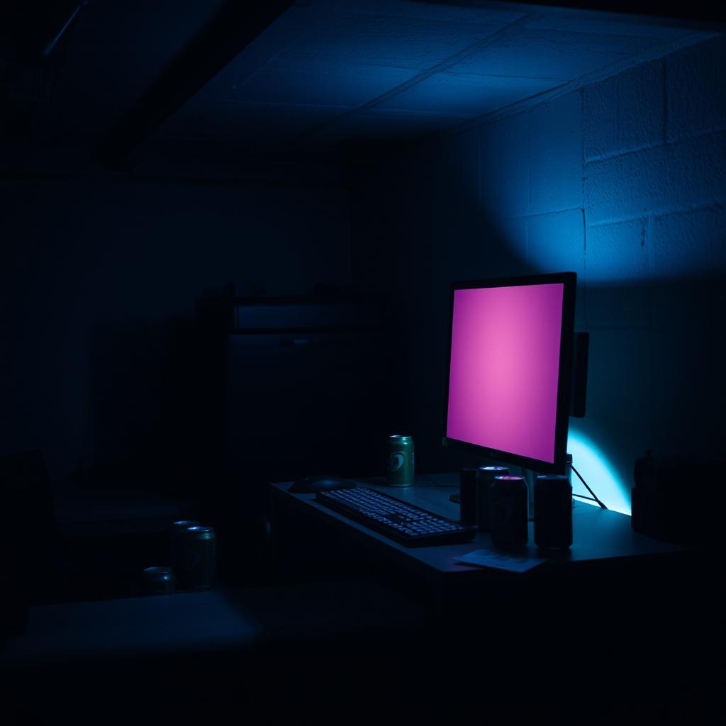 A striking scene in a basement featuring a computer desk illuminated by a strong light emanating from the computer screen