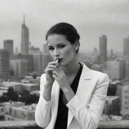 A black and white depiction of a sophisticated woman elegantly smoking a cigarette, with a distant urban landscape in the backdrop.