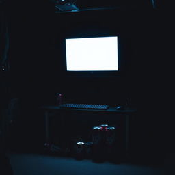 A striking scene in a basement featuring a computer desk illuminated by a strong light emanating from the computer screen