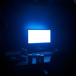 A striking scene in a basement featuring a computer desk illuminated by a strong light emanating from the computer screen