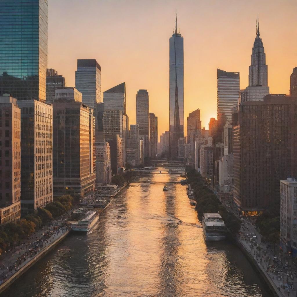 A bustling, vibrant cityscape at sunset, with towering skyscrapers reflecting the warm hues of the setting sun, busy streets filled with diverse people, and a calm river flowing nearby.