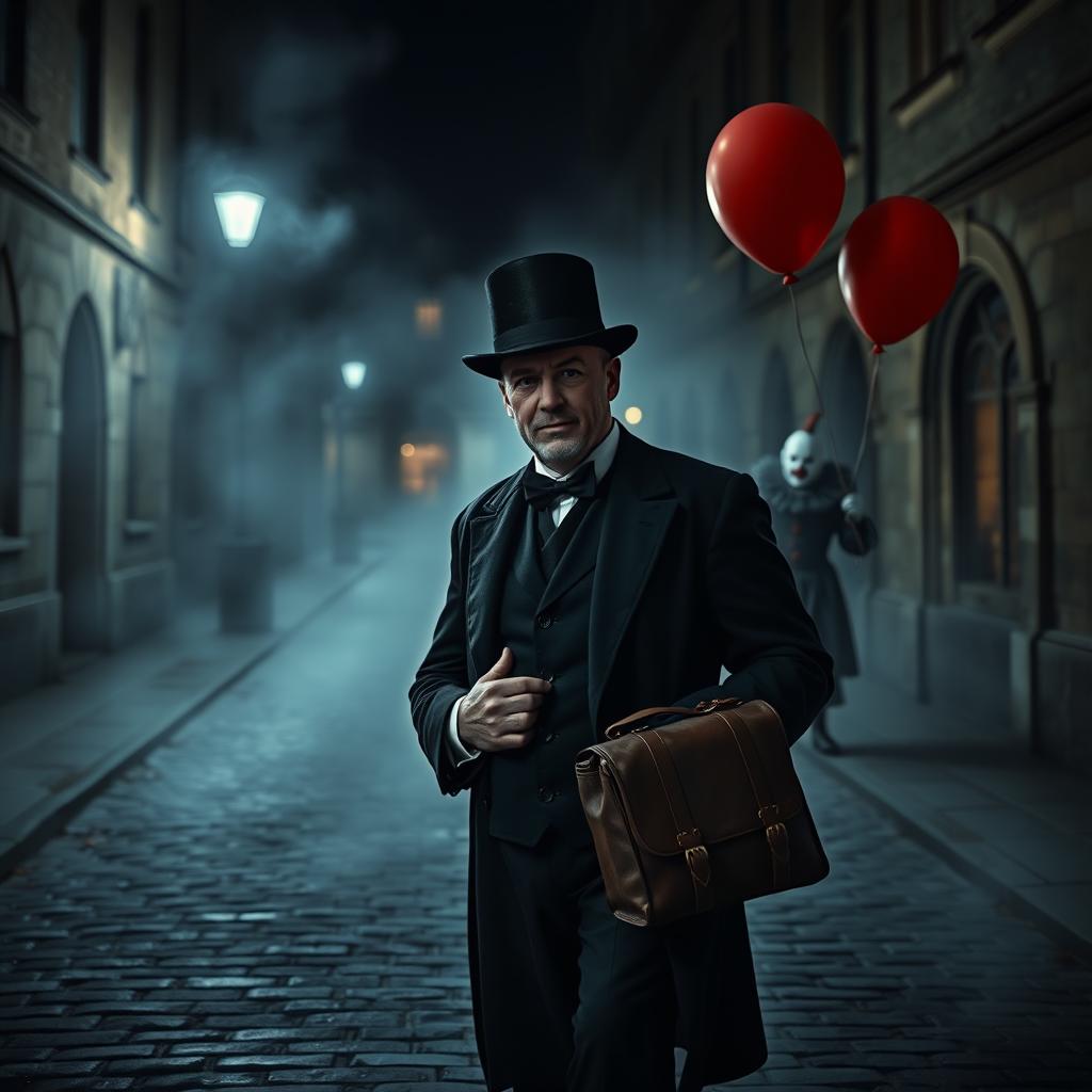 A dimly lit cobblestone street at Oxford University with fog rolling in, creating an eerie and suspenseful atmosphere