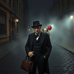 A dimly lit cobblestone street at Oxford University with fog rolling in, creating an eerie and suspenseful atmosphere