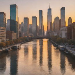 A bustling, vibrant cityscape at sunset, with towering skyscrapers reflecting the warm hues of the setting sun, busy streets filled with diverse people, and a calm river flowing nearby.