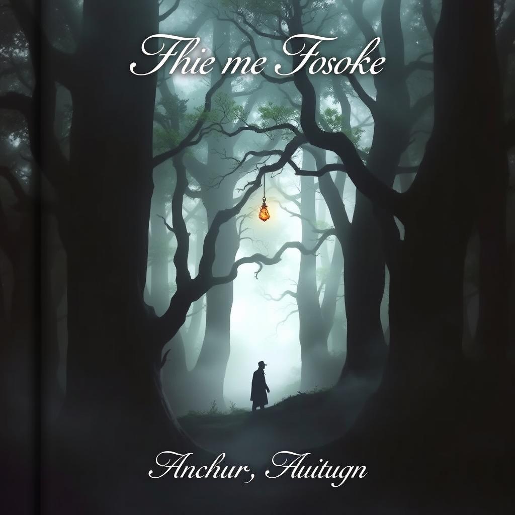 A captivating book cover featuring an enigmatic forest shrouded in mist, with a silhouette of a mysterious figure standing among towering ancient trees