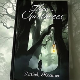 A captivating book cover featuring an enigmatic forest shrouded in mist, with a silhouette of a mysterious figure standing among towering ancient trees