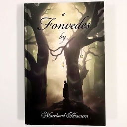 A captivating book cover featuring an enigmatic forest shrouded in mist, with a silhouette of a mysterious figure standing among towering ancient trees