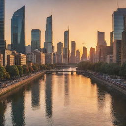 A bustling, vibrant cityscape at sunset, with towering skyscrapers reflecting the warm hues of the setting sun, busy streets filled with diverse people, and a calm river flowing nearby.