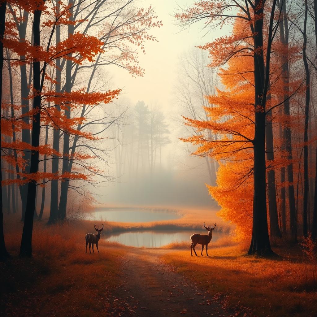 A serene landscape depicting a peaceful, misty forest in autumn