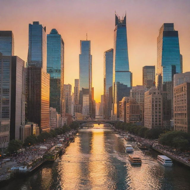 A bustling, vibrant cityscape at sunset, with towering skyscrapers reflecting the warm hues of the setting sun, busy streets filled with diverse people, and a calm river flowing nearby.