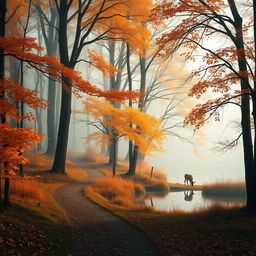 A serene landscape depicting a peaceful, misty forest in autumn