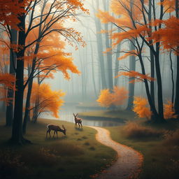 A serene landscape depicting a peaceful, misty forest in autumn