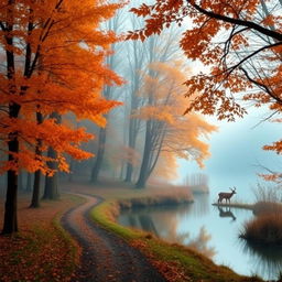 A serene landscape depicting a peaceful, misty forest in autumn