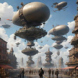 An airpunk cityscape in full swing, characterized by floating skyscrapers anchored by ropes to the ground, enormous propellers and turbines, airships and gliders in the sky, and pedestrians bustling on the cloud-swept platforms while wearing winged attires.