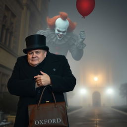 A bald tour guide in his 30's, with no facial hair, stands outside Oxford University on a foggy winter night