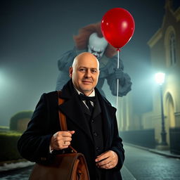 A bald tour guide in his 30's, with no facial hair, stands outside Oxford University on a foggy winter night