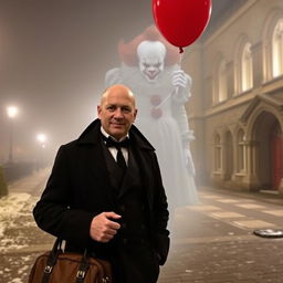 A bald tour guide in his 30's, with no facial hair, stands outside Oxford University on a foggy winter night