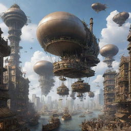 An airpunk cityscape in full swing, characterized by floating skyscrapers anchored by ropes to the ground, enormous propellers and turbines, airships and gliders in the sky, and pedestrians bustling on the cloud-swept platforms while wearing winged attires.