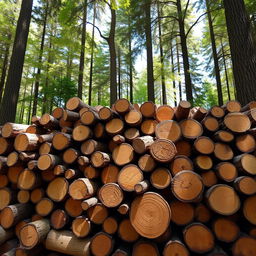 Pile of stacked logs in a forest setting