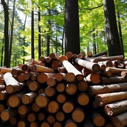 Pile of stacked logs in a forest setting