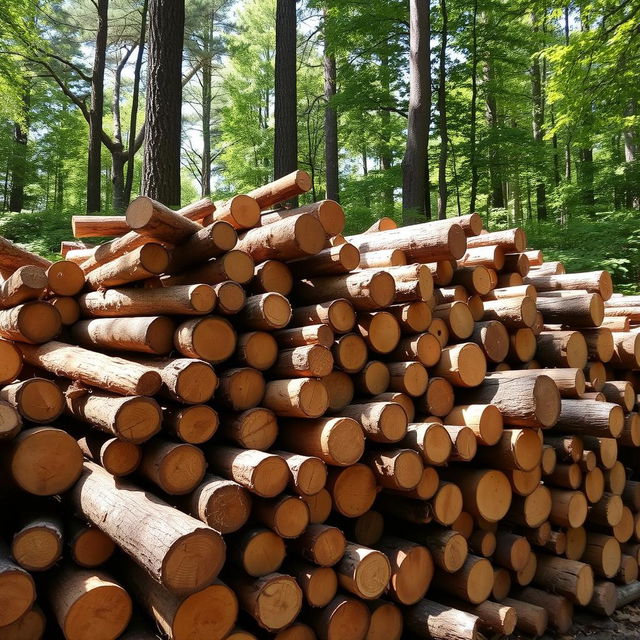 Pile of stacked logs in a forest setting