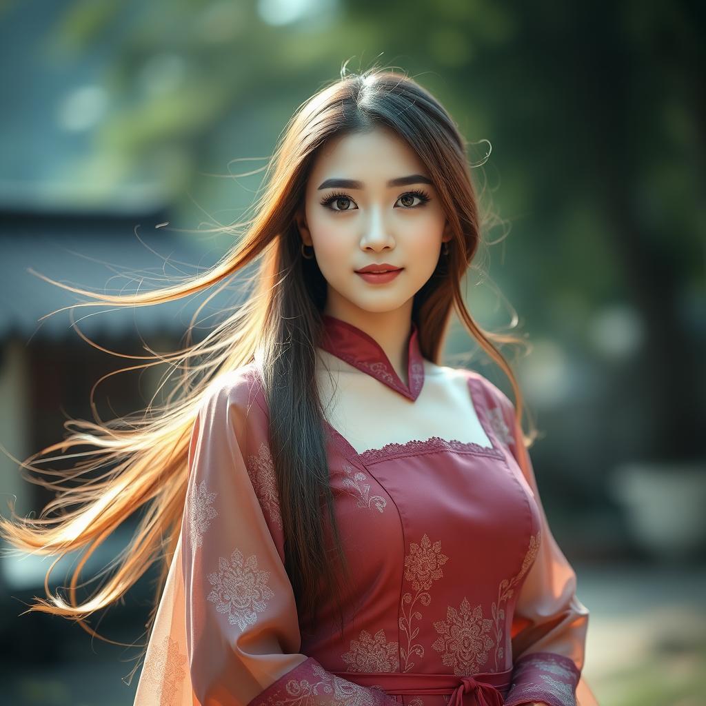 Portrait of a beautiful Asian woman with long flowing hair and captivating eyes, wearing an elegant traditional dress in a serene nature setting