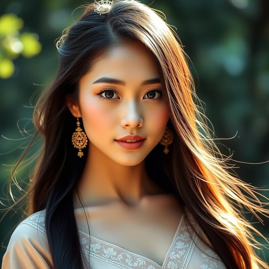 Portrait of a beautiful Asian woman with long flowing hair and captivating eyes, wearing an elegant traditional dress in a serene nature setting