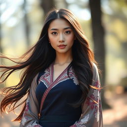 Portrait of a beautiful Asian woman with long flowing hair and captivating eyes, wearing an elegant traditional dress in a serene nature setting