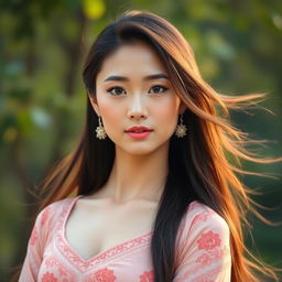 Portrait of a beautiful Asian woman with long flowing hair and captivating eyes, wearing an elegant traditional dress in a serene nature setting