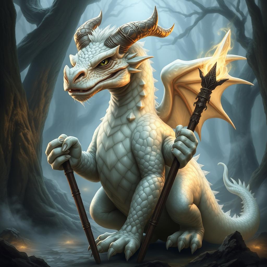 A wise, elderly dragon-like creature, known as Draconaco, with shimmering white scales