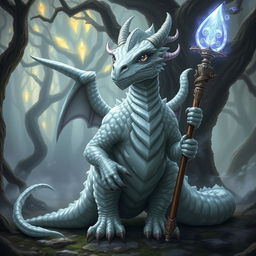 A wise, elderly dragon-like creature, known as Draconaco, with shimmering white scales