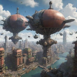 An airpunk cityscape in full swing, characterized by floating skyscrapers anchored by ropes to the ground, enormous propellers and turbines, airships and gliders in the sky, and pedestrians bustling on the cloud-swept platforms while wearing winged attires.