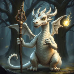 A wise, elderly dragon-like creature, known as Draconaco, with shimmering white scales