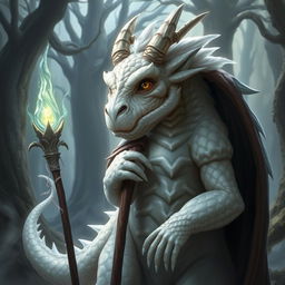 A wise, elderly dragon-like creature, known as Draconaco, with shimmering white scales