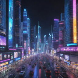 A futuristic city named Bform, filled with sleek, streamlined skyscrapers and digital billboards. Advanced technology is ubiquitous, people move on levitating vehicles, and multi-colored neon lights lend the city an ethereal glow during the night.